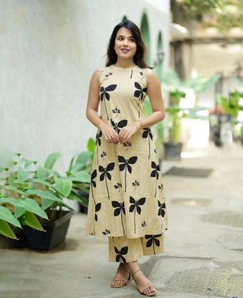 MODERN SLUB COTTON PRINTED WORK TOP BOTTOM SET CREAM