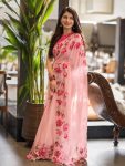 MODERN TABBY SILK FLOWER DIGITAL PRINT WITH CUTDANA & PERAL HANDWORK SAREE WITH UNSTITCHED BLOUSE BABY PINK