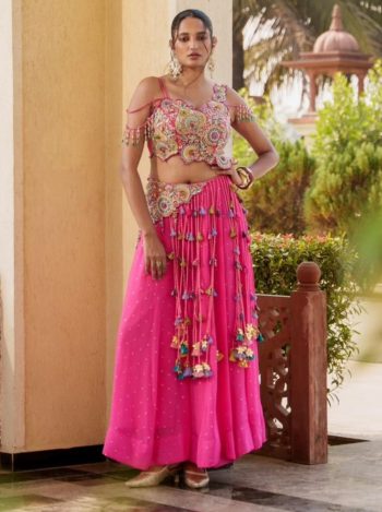 MODERN VICHITRA SILK EMBROIDERY MULTI THREAD SEQUENCE WITH SWAROVSKI  DIAMOND WORK LEHENGA CHOLI PINK