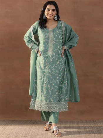 MODERN VICHITRA SILK SEQUENCE CODING EMBROIDERY WORK TOP BOTTOM WITH DUPATTA SKY