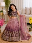 MOST PICKED CHINON SILK DIGITAL PRINT & SEQUENCE EMBROIDERY WORK KID'S LEHENGA CHOLI WITH DUPATTA BABY PINK AND WINE