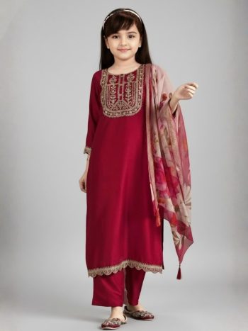 MOST PICKED COTTON BLEND  EMBROIDERY KID'S TOP BOTTOM WITH DUPATTA RED