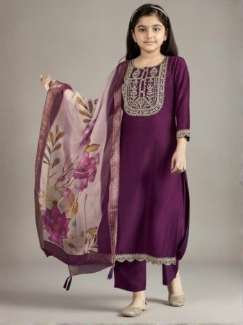 MOST PICKED COTTON BLEND  EMBROIDERY KID'S TOP BOTTOM WITH DUPATTA WINE