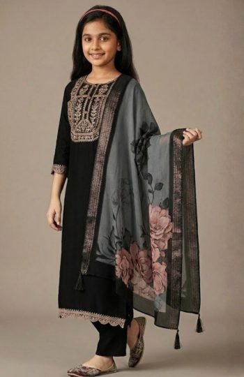 MOST PICKED COTTON BLEND  EMBROIDERY KID'S TOP BOTTOM WITH DUPATTA BLACK