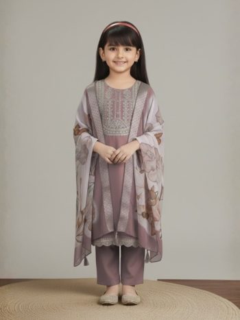 MOST PICKED COTTON BLEND  EMBROIDERY KID'S TOP BOTTOM WITH DUPATTA LAVENDER