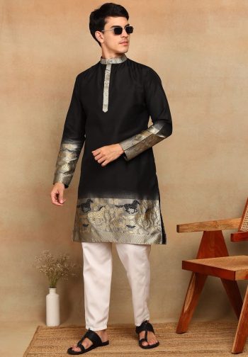 MOST PICKED COTTON SILK DAMAN DESIGN WEAVING WORK MEN'S KURTA PAYJAMA  BLACK