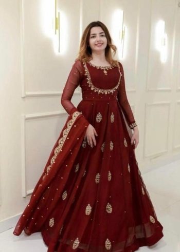 MOST PICKED   GEORGETTE EMBROIDERY SEQUENCE WORK  GOWN WITH DUPATTA  MAROON