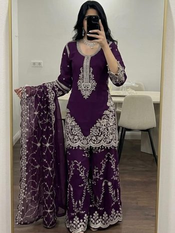 MOST PICKED GEORGETTE HEAVY EMBROIDERY SEQUENCE WORK  TOP PALAZZO WITH DUPATTA PURPLE