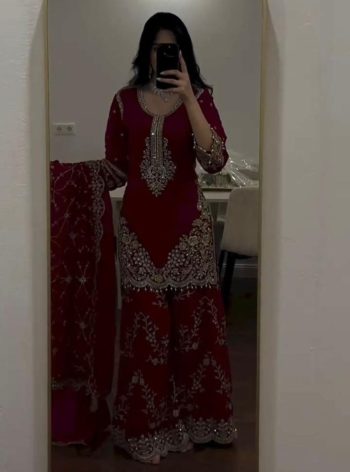 MOST PICKED GEORGETTE HEAVY EMBROIDERY SEQUENCE WORK  TOP PALAZZO WITH DUPATTA MAROON