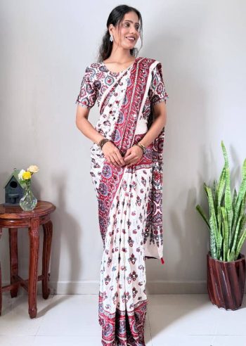 MOST PICKED PREMIUM CREPE SILK PRINTED WITH REAL MIRROR WORK GOWN SAREE OFF WHITE AND RED