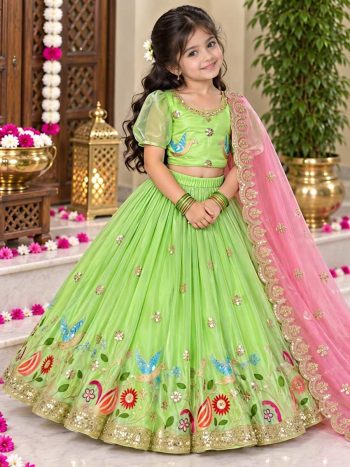 MOST PICKED SOFT FENDY SILK  SEQUENCE EMBROIDERY WORK & FANCY LATKAN KID'S LEHENGA CHOLI DUPATTA  PISTA