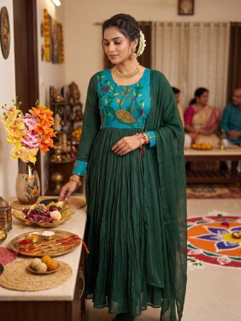 MOST PICKED SOFT KOTA CHECKS KALAMKARI PRINTED GOWN WITH DUPATTA DARK GREEN