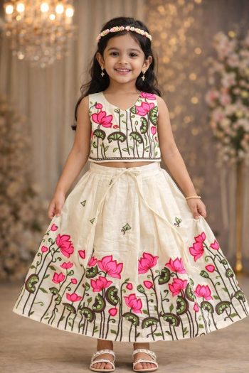 NEW ARRIVAL CAMBRIC COTTON EMBROIDERY WOK KID'S LEHENGA CHOLI OFF WHITE AND PINK