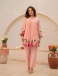 NEW ARRIVAL CHANDERI SILK EMBROIDERED WORK CO-ORD SET PEACH