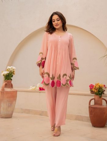 NEW ARRIVAL CHANDERI SILK EMBROIDERED WORK CO-ORD SET PEACH
