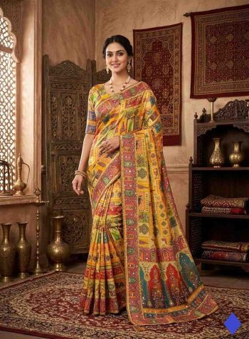NEW ARRIVAL CHINON SILK PRINTED, MIRROR HANDWORK, PIPING BORDER SAREE WITH UNSTITCHED BLOUSE YELLOW