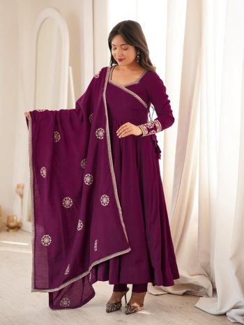 NEW ARRIVAL CHNDERI SILK ANGRAKHA STYLE-WITH FANCY SEQUENCE WORK GOWN BOTTOM WITH DUPATTA WINE