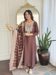 NEW ARRIVAL COTTON SILK EMBROIDERY WORK TOP BOTTOM WITH DUPATTA BROWN