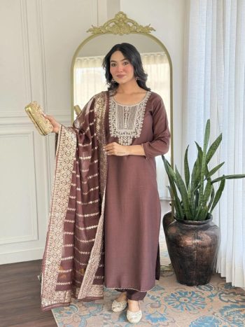 NEW ARRIVAL COTTON SILK EMBROIDERY WORK TOP BOTTOM WITH DUPATTA BROWN