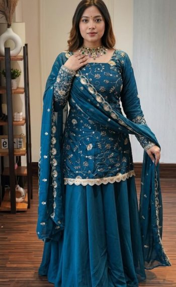NEW ARRIVAL CRUNCHY CRUSH SILK BEADS HAND WORK WITH  SEQUENCE MULTI NEEDLE EMBROIDERY ZARI WORK TOP PALAZZO WITH DUPATTA BLUE