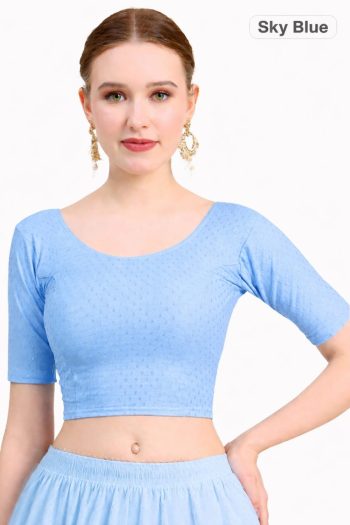 NEW ARRIVAL DOBBY COTTON LYCRA SELF DOTTED WORK STITCHED BLOUSE SKY BLUE