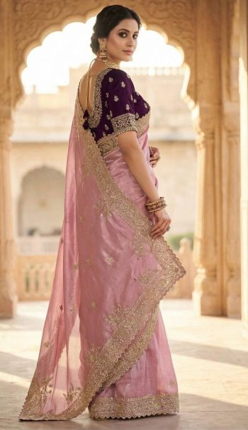 NEW ARRIVAL FENDY SATIN SILKDESIGNER SEQUENCE  SAREE WITH STITCHED BLOUSE BABY PINK
