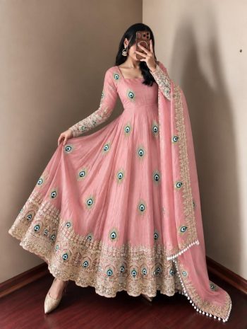 NEW ARRIVAL FENDY SILK WITH FULLY FLAIR   SEQUENCE EMBROIDERY WORK GOWN BOTTOM WITH DUPATTA  BABY PINK