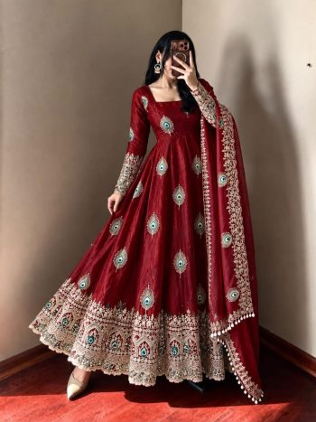 NEW ARRIVAL FENDY SILK WITH FULLY FLAIR   SEQUENCE EMBROIDERY WORK GOWN BOTTOM WITH DUPATTA  MAROON