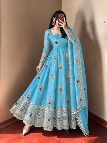 NEW ARRIVAL FENDY SILK WITH FULLY FLAIR   SEQUENCE EMBROIDERY WORK GOWN BOTTOM WITH DUPATTA  SKY