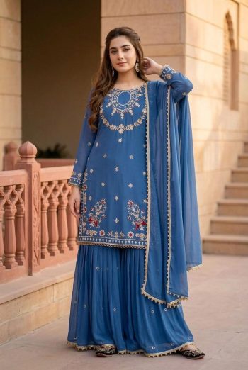 NEW ARRIVAL GEORGETTE  EMBROIDERY SEQUENCE WORK WITH PEARL MOTI HAND WORK  TOP SHARARA WITH DUPATTA BLUE