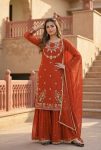 NEW ARRIVAL GEORGETTE  EMBROIDERY SEQUENCE WORK WITH PEARL MOTI HAND WORK  TOP SHARARA WITH DUPATTA ORANGE