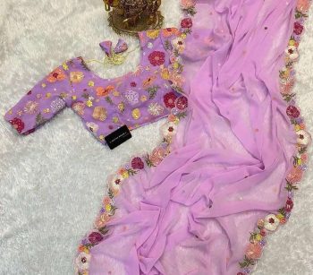 NEW ARRIVAL HEAVY SOFT GEORGETTE  EMBRODAIRY MULTI COLOR THREAD AND SEQUENCE WORK SAREE WITH UNSTITCHED BLOUSE LAVENDER