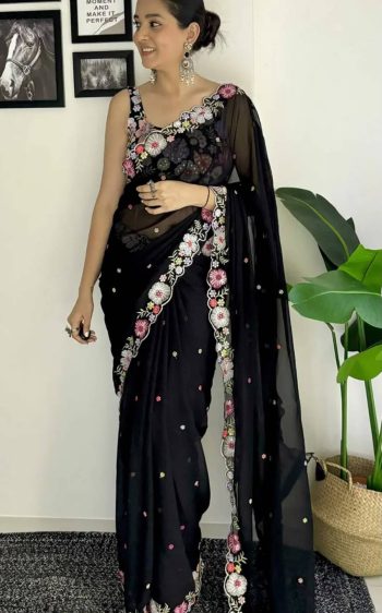NEW ARRIVAL HEAVY SOFT GEORGETTE  EMBRODAIRY MULTI COLOR THREAD AND SEQUENCE WORK SAREE WITH UNSTITCHED BLOUSE BLACK