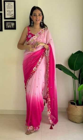 NEW ARRIVAL HEAVY SOFT GEORGETTE  EMBRODAIRY MULTI COLOR THREAD AND SEQUENCE WORK SAREE WITH USTITCHED BLOUSE  RANI