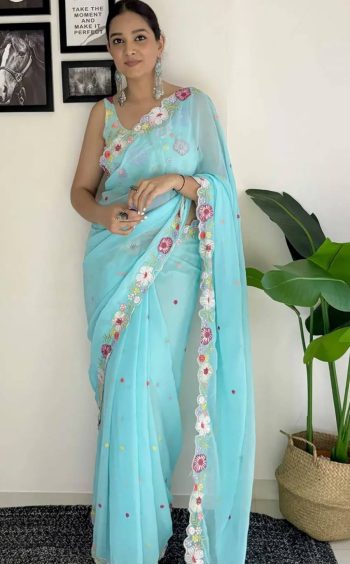 NEW ARRIVAL HEAVY SOFT GEORGETTE  EMBRODAIRY MULTI COLOR THREAD AND SEQUENCE WORK SAREE WITH UNSTITCHED BLOUSE  SEA BLUE