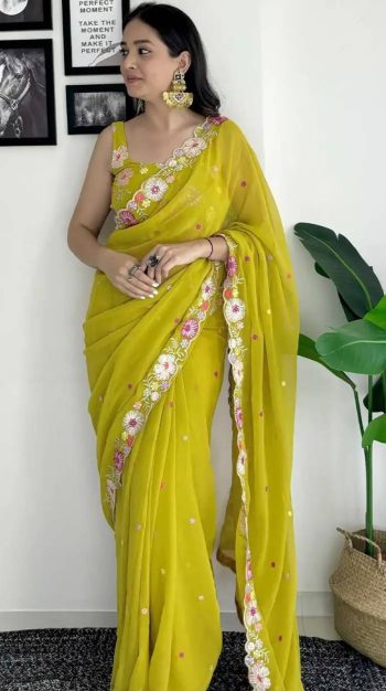 NEW ARRIVAL HEAVY SOFT GEORGETTE  EMBRODAIRY MULTI COLOR THREAD AND SEQUENCE WORK SAREE WITH UNSTITCHED BLOUSE PISTA