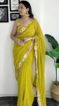 NEW ARRIVAL HEAVY SOFT GEORGETTE  EMBRODAIRY MULTI COLOR THREAD AND SEQUENCE WORK SAREE WITH UNSTITCHED BLOUSE PISTA