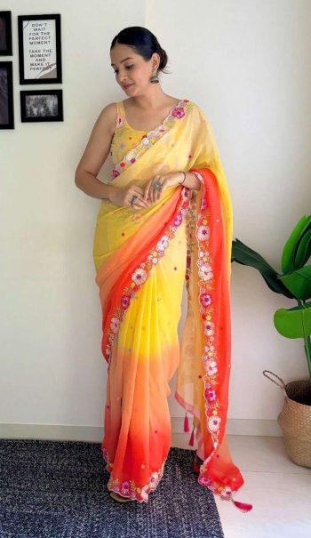 NEW ARRIVAL HEAVY SOFT GEORGETTE  EMBRODAIRY MULTI COLOR THREAD AND SEQUENCE WORK SAREE WITH UNSTITCHED BLOUSE YELLOW