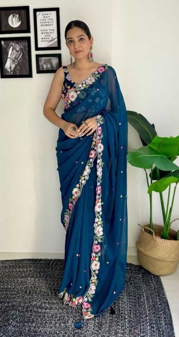 NEW ARRIVAL HEAVY SOFT GEORGETTE  EMBRODAIRY MULTI COLOR THREAD AND SEQUENCE WORK SAREE WITH UNSTITCHED BLOUSE TEAL