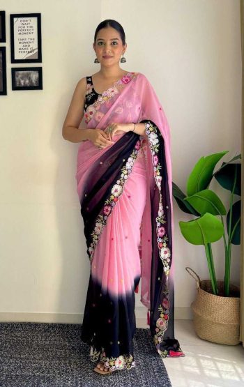 NEW ARRIVAL HEAVY SOFT GEORGETTE  EMBRODAIRY MULTI COLOR THREAD AND SEQUENCE WORK SAREE WITH UNSTITCHED BLOUSE  BABY PINK