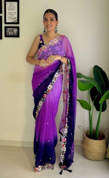 NEW ARRIVAL HEAVY SOFT GEORGETTE  EMBRODAIRY MULTI COLOR THREAD AND SEQUENCE WORK SAREE WITH UNSTITCHED BLOUSE PURPLE