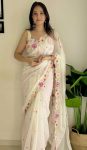 NEW ARRIVAL HEAVY SOFT GEORGETTE  EMBRODAIRY MULTI COLOR THREAD AND SEQUENCE WORK SAREE WITH UNSTITCHED BLOUSE OFF WHITE