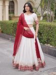 NEW ARRIVAL JACQUARD CHECK ZARI TEMPLE WEAVING WORK LEHENGA CHOLI WITH DUPATTA MAROON