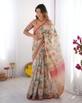 NEW ARRIVAL LINEN TISSUE SILK DIGITAL PRINT WORK SAREE WITH UNSTITCHED BLOUSE OFF WHITE