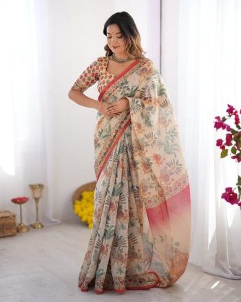 NEW ARRIVAL LINEN TISSUE SILK DIGITAL PRINT WORK SAREE WITH UNSTITCHED BLOUSE OFF WHITE