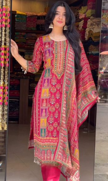 NEW ARRIVAL MASKA COTTON DIGITAL PRINTWITH  REAL HAND MIRROR WORK TOP BOTTOM WITH DUPATTA PINK