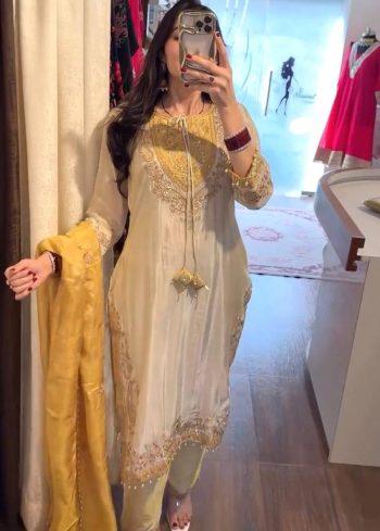 NEW ARRIVAL RONALD SILK EMBROIDERY SEQUENCE WORK TOP BOTTOM WITH DUPATTA CREAM AND YELLOW