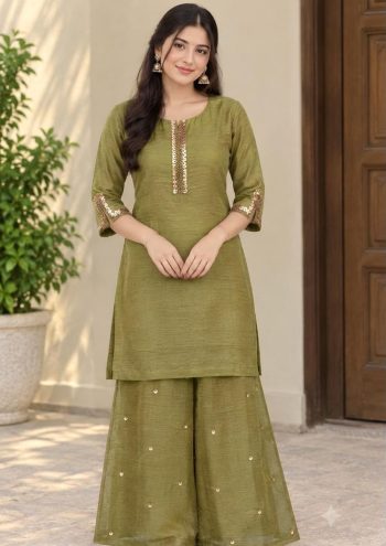 NEW ARRIVAL SALSA HAND WORK KURTI PALAZZO SET PARROT GREEN