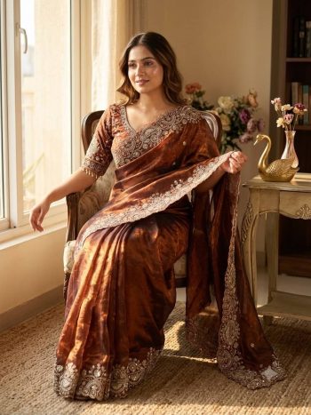 NEW ARRIVAL SOFT TWO TONE SPACE SILK SEQUENCE AND ZARI EMBROIDERY WORK SAREE WITH STITCHED BLOUSE BROWN