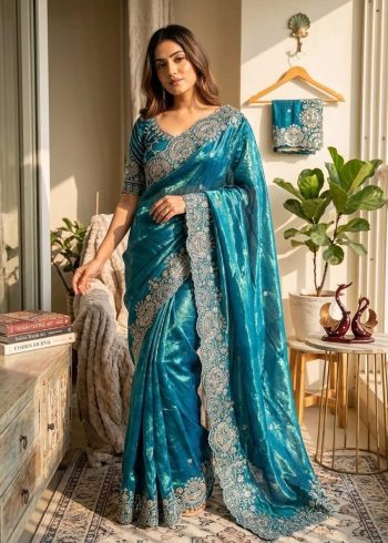 NEW ARRIVAL SOFT TWO TONE SPACE SILK SEQUENCE AND ZARI EMBROIDERY WORK SAREE WITH STITCHED BLOUSE SEA BLUE